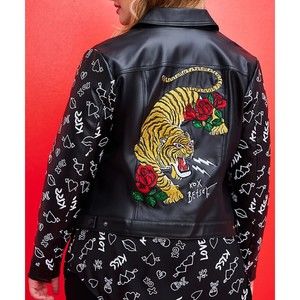 Torrid 2 2X Betsey Johnson Embroidered Rose Tiger XOX Moto Trucker Jacket NWT